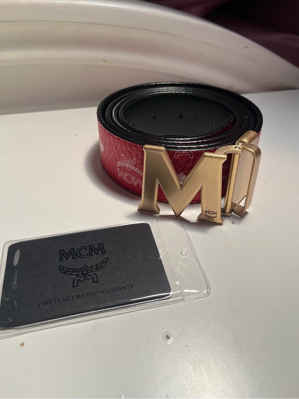 MCM Reversible Red Logo Leather Belt with Gold 'M' Buckle